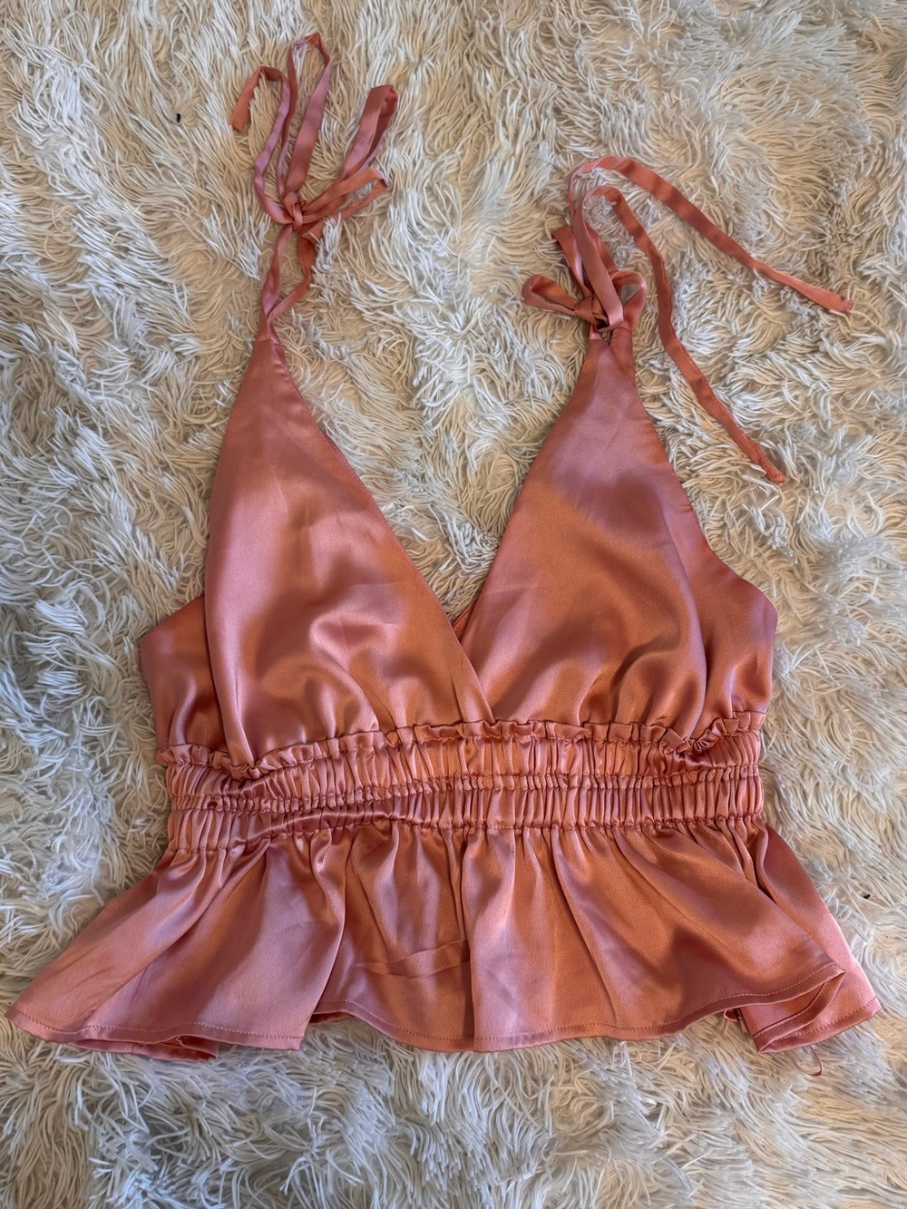 Cotton Candy Satin Tie-Shoulder Peplum Cami in Dusty Rose